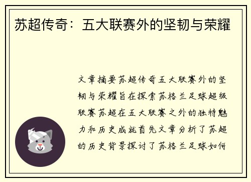 苏超传奇：五大联赛外的坚韧与荣耀